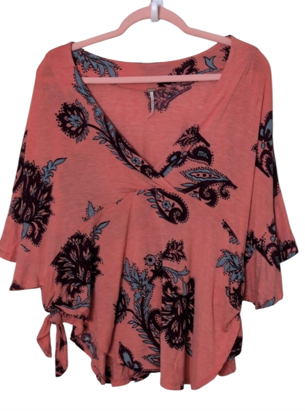 Free People Coral Paisley V-Neck Tie-Side Tunic, Size Small, Oversized